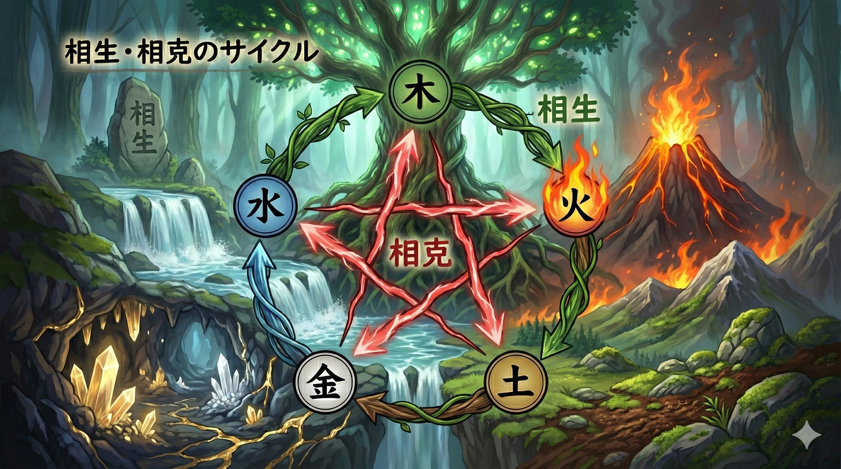五行の相生・相克サイクル図